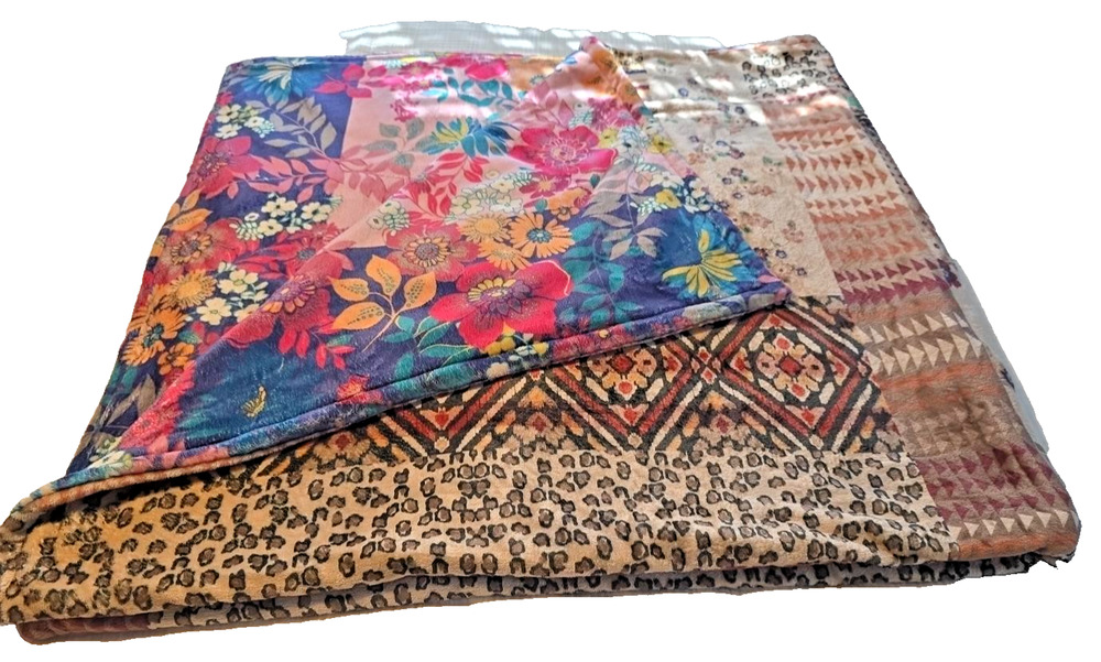 Johnny Was Reversible Cozy Blanket 68x74 Floral Leopard Patchwork Boho Bedding